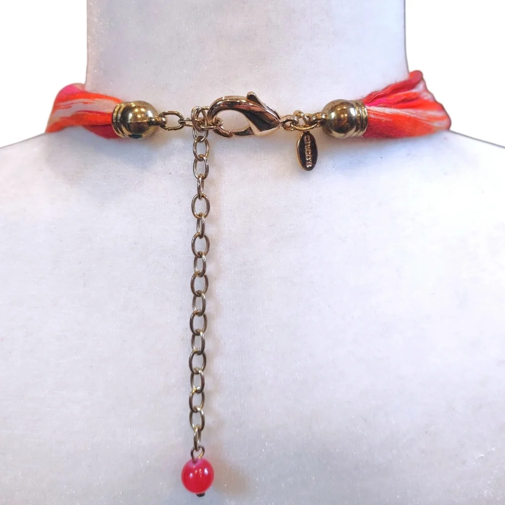 Chicos Pink Orange Beaded Scarf Pendant Statement Necklace Fashion Jewelry